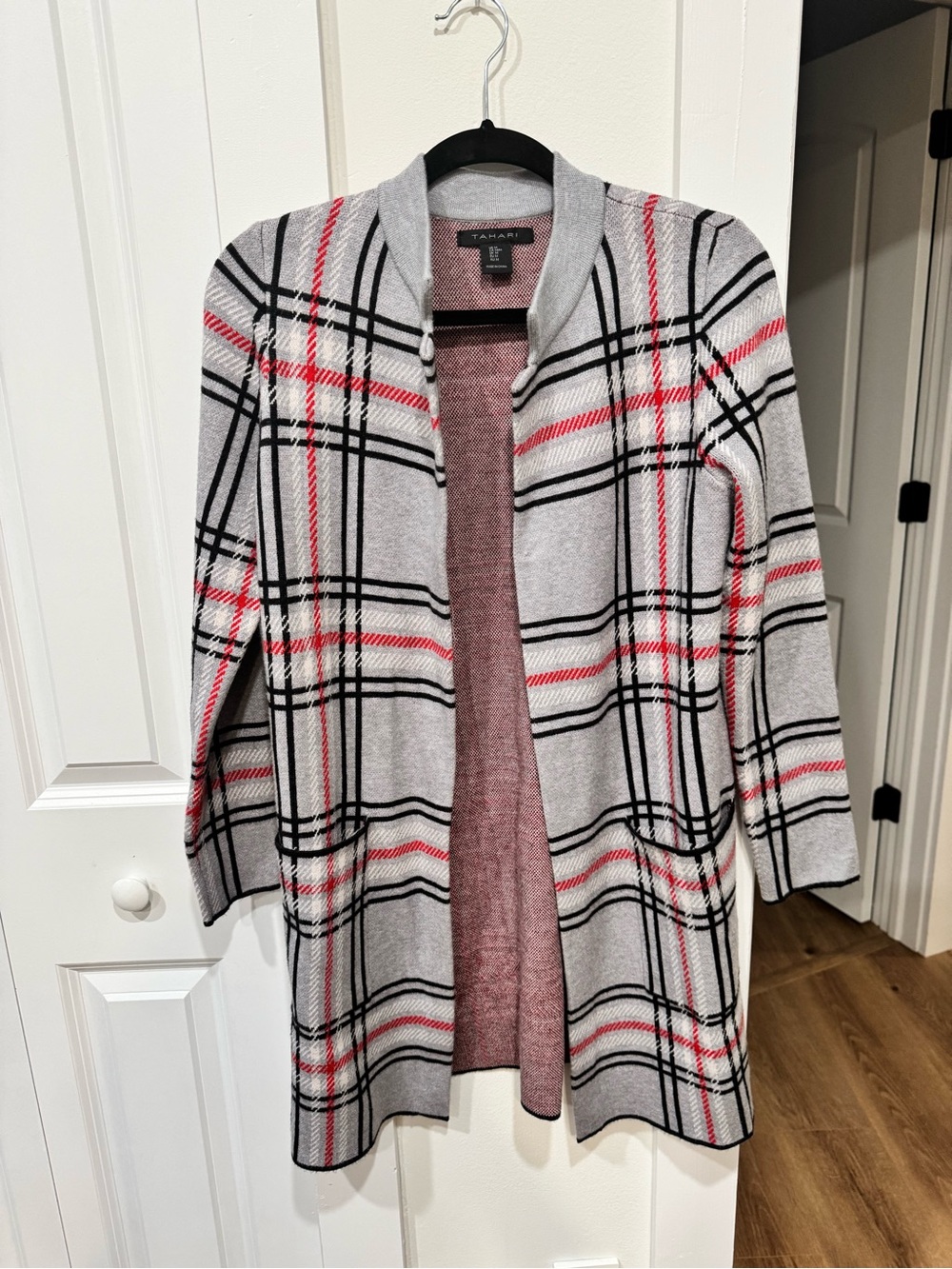 Tahari Gray Plaid Open-Front Cardigan with Red Accents